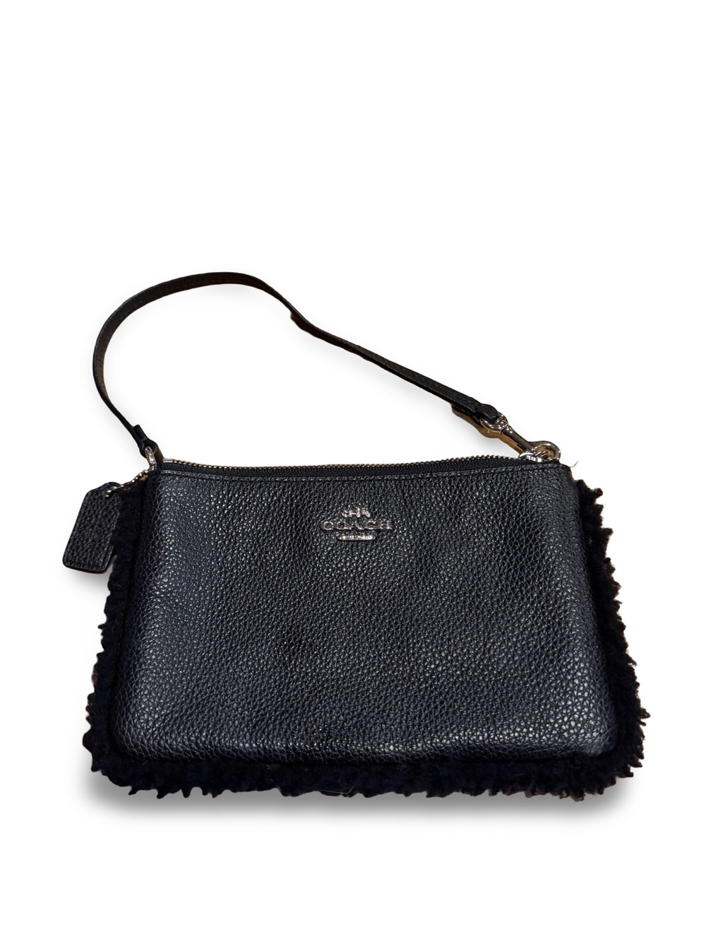 Coach Black Pebbled Leather Wristlet with Shearling Trim